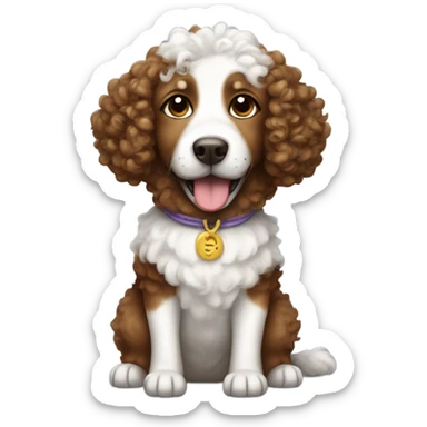 Brown and white curly haired dog with a costume sticker