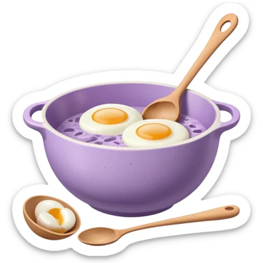 a lilac ceramic mixing bowl with a wooden spoon stirring and sitting next to it is a few eggs sticker