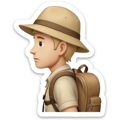 sad traveler man with beige skin tone wearing backpack and hat walking to the right, iOS style sticker