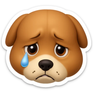 Create an emoji style image of a dog with an even sadder look, head lowered further, moist eyes with a tear, and a very sad expression. The background should be transparent. The style should resemble apple style emojis with concise details. sticker