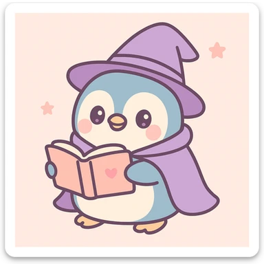 a chubby penguin with a wizard hat and cloak, holding an open spellbook, in a playful illustration style sticker