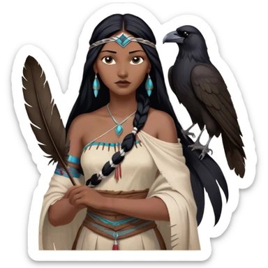 Cinematic Realistic Pocahontas Portrait, depicted with lifelike skin texture, soft natural lighting, and intricately detailed long, flowing raven-black hair that moves gracefully in the wind. Her deep, soulful dark brown eyes exude wisdom and strength, complemented by a serene yet powerful expression. She is shown gently holding a feather in one hand, her other hand resting lightly at her side, embodying the harmonious balance between nature and herself. She is dressed in her classic one-shoulder native American dress, with rich fabric textures and delicate beaded details that catch the light beautifully. The portrait features a soft, sun-kissed glow with a natural, radiant finish, capturing the essence of untamed beauty and deep connection to nature in a realistic and painterly style, evoking a sense of depth and authenticity. sticker