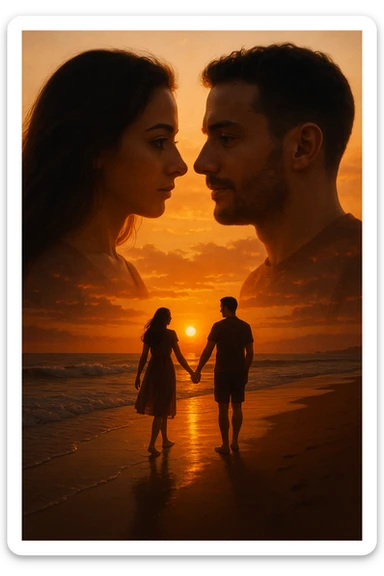 Una doppia esposizione cinematografica di noi di profilo, con un paesaggio di spiaggia al tramonto integrato nella silhouette.
La scena interna ci mostra entrambi camminare sulla sabbia bagnata, tenendoci per mano, con le onde del mare che si infrangono è facile e un cielo colorato dagli ultimi raggi di sole. Atmosfera calda e intima, toni dorati arancioni, dettagli fini ed espressivi, risoluzione 8K. sticker