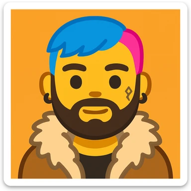 Create an emoji style image of a character with short blue and pink hair, beard, earrings, facial tattoo, wearing a fur coat, and natural skin tone. The style should resemble emoji style. sticker