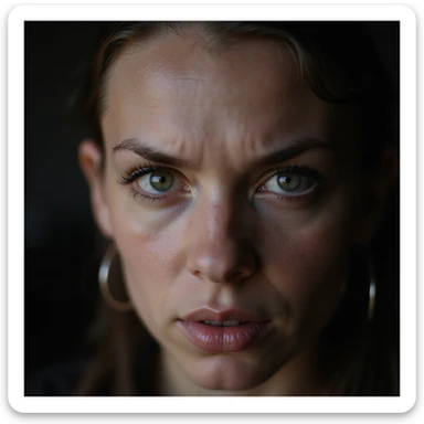 realistic face with narrowed eyes and pursed lips looking suspicious, photorealistic style sticker