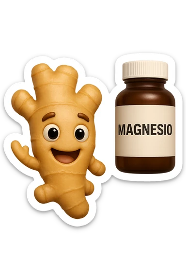 emoji stile iphone 3d di un pezzetto di zenzero e una boccetta di magnesio con la scritta "MAGNESIO" SULL'ETICHETTA CHE FLUTTUANO IN ARIA, iperrealistico 4k sticker