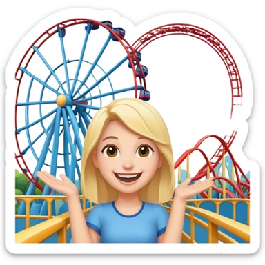 person excitedly going to an amusement park, with a roller coaster or ferris wheel in the background sticker