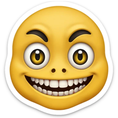 Yellow face emoji with only two teeth white and the rest of the teeth black and rotten, scars on the face and eyes wide with black pupils sticker