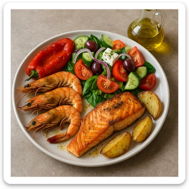 realistic Mediterranean meal plate with seafood, vegetables, and olive oil, vibrant colors sticker
