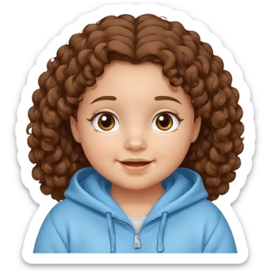 A girl with brown curly hair and chubby cheeks brown eyes and a happy face she has a baby blue hoddie sticker