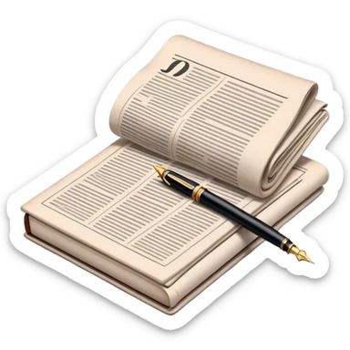 Create an emoji representing journalism and publicistic writing. The design should feature a stack of newspapers, an open notebook, and a single classic fountain pen placed on top of the notebook, symbolizing the act of writing. The scene should convey a sense of professionalism and thoughtful analysis. Use a neutral and professional color palette, with black, white, and muted tones. Do not include any emojis or smiley faces. Make the background transparent. sticker