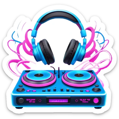 Create a dynamic and modern emoji that represents electronic music and DJing. The design should feature a DJ controller with two vinyl turntables, DJ headphones, and glowing sound waves or a waveform to symbolize the energy of mixing and electronic beats. Use vibrant neon colors like electric blue, neon pink, or green to represent the futuristic and pulsating nature of electronic music. Add subtle details of flashing lights or abstract patterns to evoke the nightclub or festival atmosphere. The background should be transparent. sticker