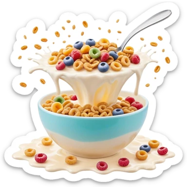 Cinematic crunchy cereal, vibrant and colorful, splashing into a bowl of cold milk, soft glowing background, dynamic movement, playful and inviting, nostalgic and fun. sticker