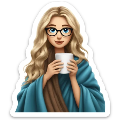 Balayage hair Girl drinking coffee, with a cozy blanket wearing glasses with blue eyes beautiful  sticker