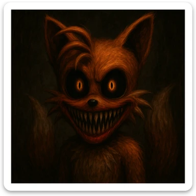 Scary Tailsanator.OBM from Sonic with black eyes, yellow-orange pupils, dark orange fur, stretched mouth with pointy teeth, red lips, creepy look, horror character sticker
