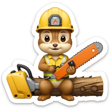  a chipmunk in a construction helmet and with a chainsaw in his hands kneels in front of a log and prays sticker