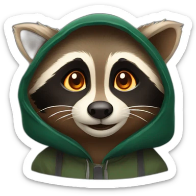brown raccoon with orange eyes and a dark green hood that smile sticker