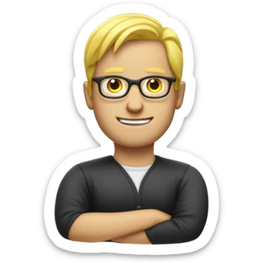  a man with blonde (yellow) hair and reading glasses. His arms are crossed in front of him, making the 'prohibited' gesture sticker