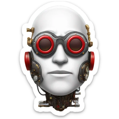 Bald cyborg head with red steampunk goggles, white five o’clock shadow, and circuits sticker
