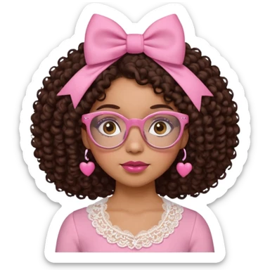 medium-light kinned afro-latina girl with medium length chocolate brown side part curly hair, small pink bow , with brown glasses, brown eyes, pink and white sweetheart necklined top with lace, round wide-ish nose, ob-long face sticker