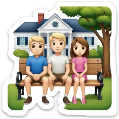 A man and a girl sitting on a bench in front of a house sticker