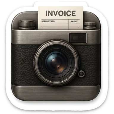 skeuomorphic app icon for an invoice app, vintage camera with textured black leather, brushed metal details, and a paper invoice peeking out sticker