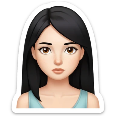 woman with silky straight black hair, subtle makeup, and cute freckles sticker