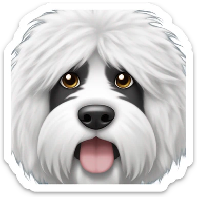 Fluffy Old English sheepdog face with the left half of his face black and the rigbt half of his face white. White around the mouth and nose sticker