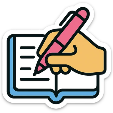 a hand writing in a notebook with a pink pen, color outline icon style, simple and clear sticker