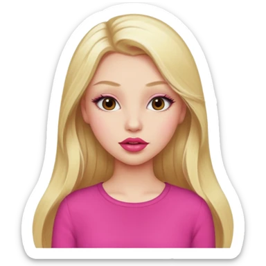a girl with long eyelashes a pink outfit, long blonde hair, and big lips with red lipstick sticker