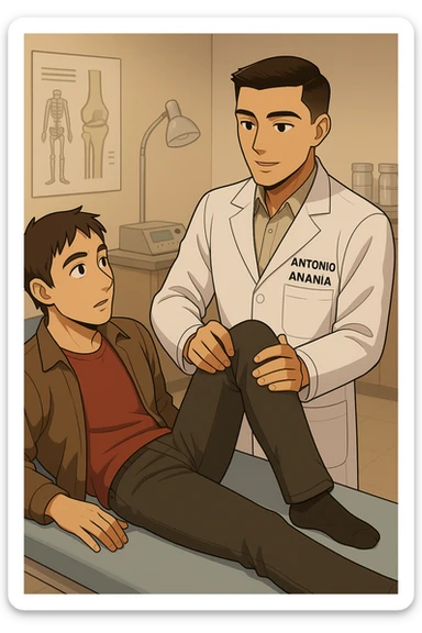 fai un webtoon manga a colori con questo stile, in cui un uomo è steso sul lettino medico e il kinesiologo con il camice bianco (fagli anche la scritta "ANTONIO ANANIA" SUL CAMICE, gli solleva una gamba per fargli il test neuromuscolare, IL KINESIOLOGO SPIEGA ALL'UOMO UNA cosa mentre gli alza la gamba. non fare i fumetti però, fai solo in modo che sembri stiano parlando sticker