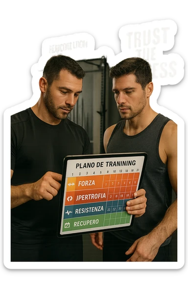 realistic cinematic photo a personal trainer and a client stand in a modern gym, reviewing a large, color-coded training calendar or chart on a tablet. The calendar shows different phases (Forza, Ipertrofia, Resistenza, Recupero) with icons and dates. Around them, gym equipment and motivational posters reinforce the idea of structured, periodized training. in italiano sticker