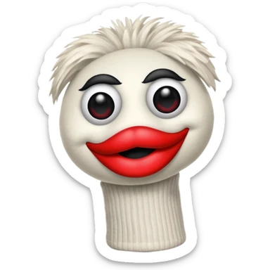 Sock puppet with black button eyes and lipstick sticker