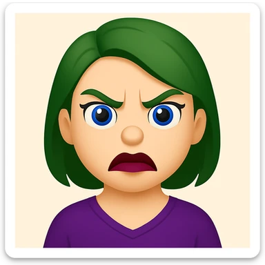 Create an emoji style image of a girl with green hair, angry expression, blue eyes, and lipstick blended with dark red and purple. sticker