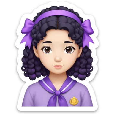 thai 15 years old girl not light skin with curly hair and she's introvert wearing thai student outfit she has black hair and tie her hair with pastel purple ribbon  sticker