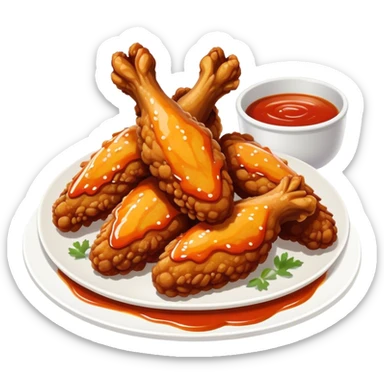 Cinematic crispy chicken wings, golden-brown and glazed with spicy sauce, crunchy coating, juicy inside, piled high with dipping sauce on the side, ultra-realistic and mouthwatering, inviting and bold. sticker