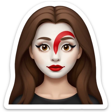 person with long brown hair, white face paint, red lipstick and a mole on right cheek sticker