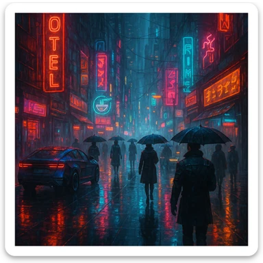 cyberpunk 2077 inspired street scene, rain-soaked pavement, neon signs, futuristic vehicles, dark atmosphere sticker