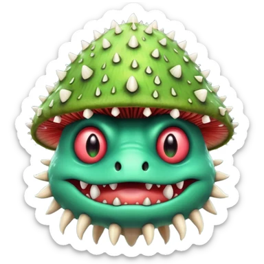 poisonous mushroom monster portrait, head and shoulders only, animal-like creature, mushroom cap head with spikes, toxic green glow, beast-like eyes, furry neck details, monstrous but cute fantasy vibe, 3D cartoon, mobile game icon style, clean background, no text, no watermark

 sticker