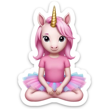 head and shoulders portrait of an anthropomorphised female unicorn in tutu and pink t-shirt, relaxed pose sticker