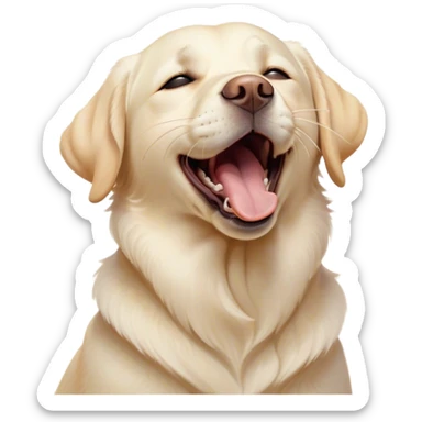 Cinematic Cute Yawning Cream Labrador Portrait Emoji, Head tilted slightly with a dramatic, wide-open yawn, showcasing a smooth cream Fur with a subtle shimmer, floppy ears slightly drooping, round warm eyes barely open in drowsy contentment, Simplified yet irresistibly adorable features, highly detailed, glowing with a soft, cozy glow, high shine, relaxed yet expressive, stylized with a touch of whimsy, bright and endearing, soft glowing outline, capturing the essence of a sleepy yet affectionate companion, so drowsy it feels like it could stretch out of the screen and curl up for a nap! sticker