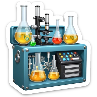 toolbox science, chemicals, mechanical gears, electronics, resistors, ic, microscope, nuclear model, radioactivity sticker
