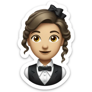 a female butler with a professional and elegant demeanor. She has her hair neatly tied in a ponytail and wears a classic butler uniform, including a tailored vest, crisp white shirt, and bow tie. sticker