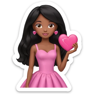 Black barbie, long black  hair, pink dress holding big heart that says heart me sticker