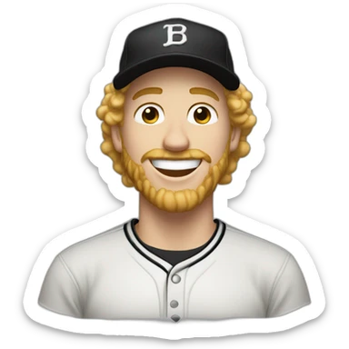 man with blond curly hair, blond beard, black baseball cap, laughing sticker