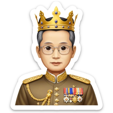 Cinematic Realistic King Bhumibol Adulyadej Portrait Emoji, depicted as a revered Thai monarch with a dignified expression and traditional royal attire, rendered with lifelike textures and soft regal lighting that captures his lasting legacy. sticker