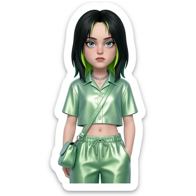 Billie Eilish with blue eyes, black hair with green highlights, light green metallic shirt, light green metallic baggy pants, silver necklace sticker