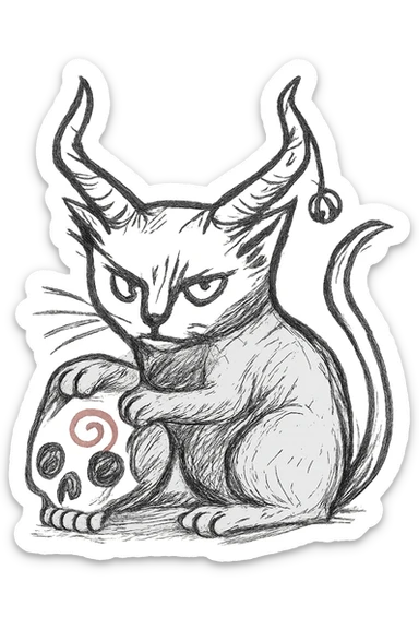 Add a small charm hanging from one of the cat's demon horns, keep the realistic hand drawn style with dynamic outlines, no fill, preserve the red spiral on the skull, transparent background. sticker
