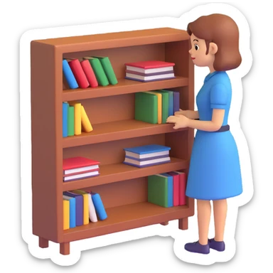 a sad woman looking at a small bookcase sticker