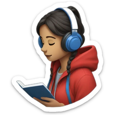 Lo-fi girl studing headphones, blue jacket, red hoodie sticker